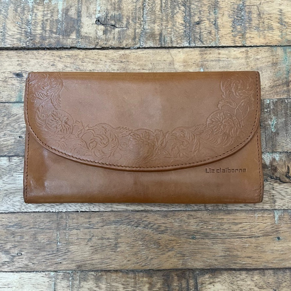 Vintage Liz Claiborne Floral Embossed Wallet Brown Genuine Leather